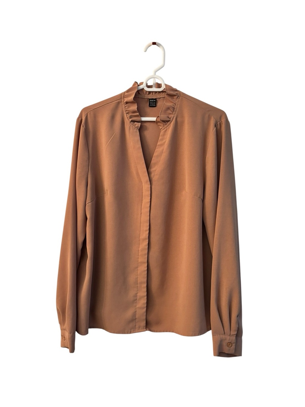 SHEIN Camel Ruffle-Trim Long Sleeve Blouse XL